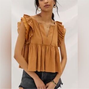 Anthropologie Ruffled Sleeve Tan Babydoll Blouse size medium